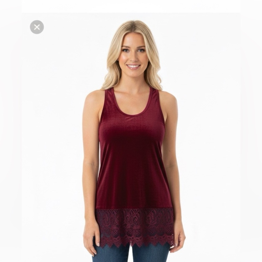Emma G cranberry color sleeveless top with lace hem size large